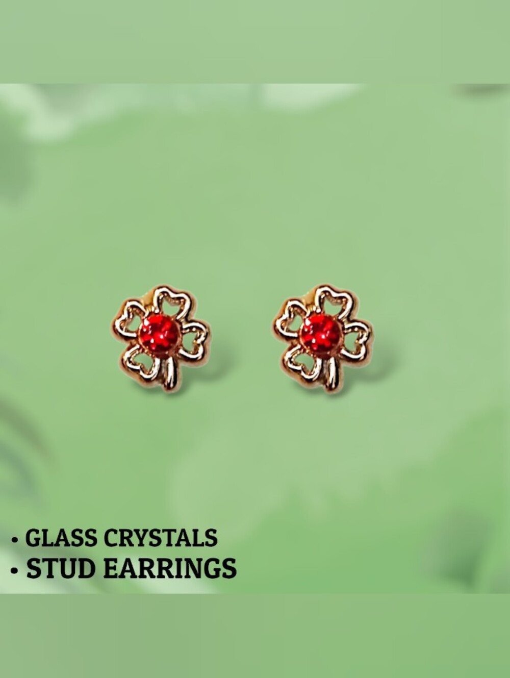 Gold Four-Leaf Clover Stud Earrings with Red Crystal